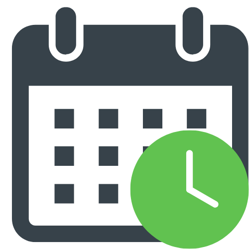 Icon of a calendar with a green clock on the lower right side, representing scheduling or a reminder feature.