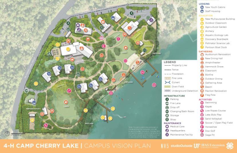 Map of 4-H Camp Cherry Lake showing the campus vision plan, featuring labeled buildings, paths, and activity areas including lodging, dining, outdoor classrooms, and recreational zones around a central lake.