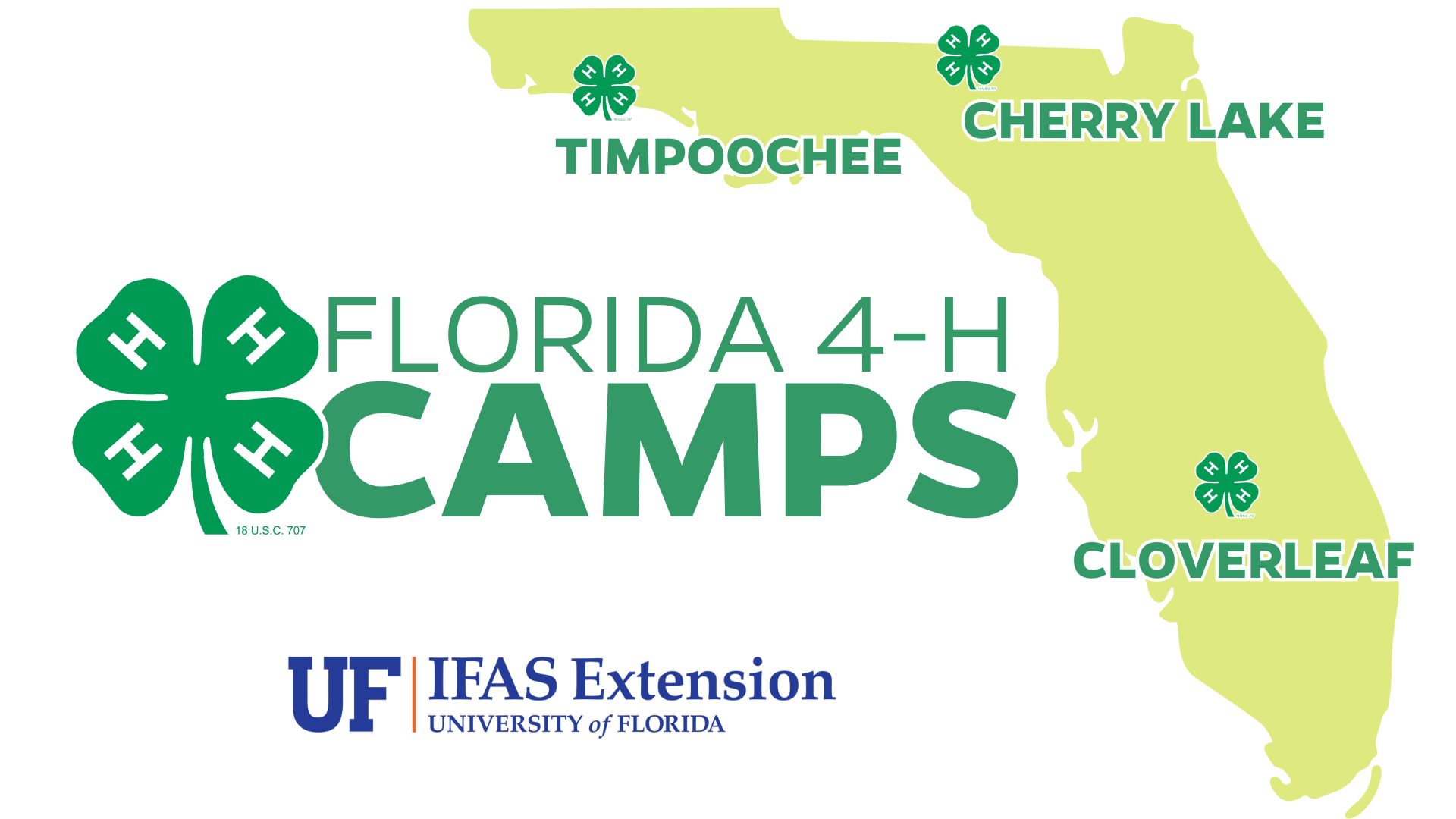 Map of Florida highlighting locations of Florida 4-H camps named Timpoochee, Cherry Lake, and Cloverleaf, with the logos of Florida 4-H and UF IFAS Extension.