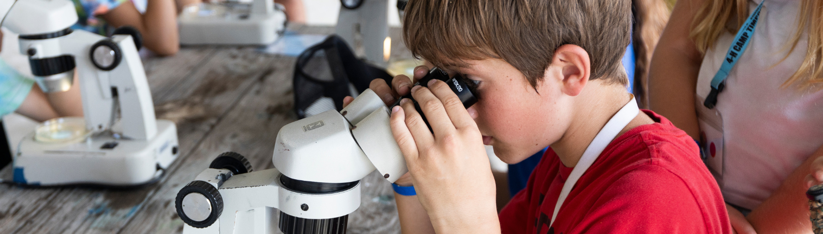 Photo of youth at Camp Timpoochee looking through a microscope