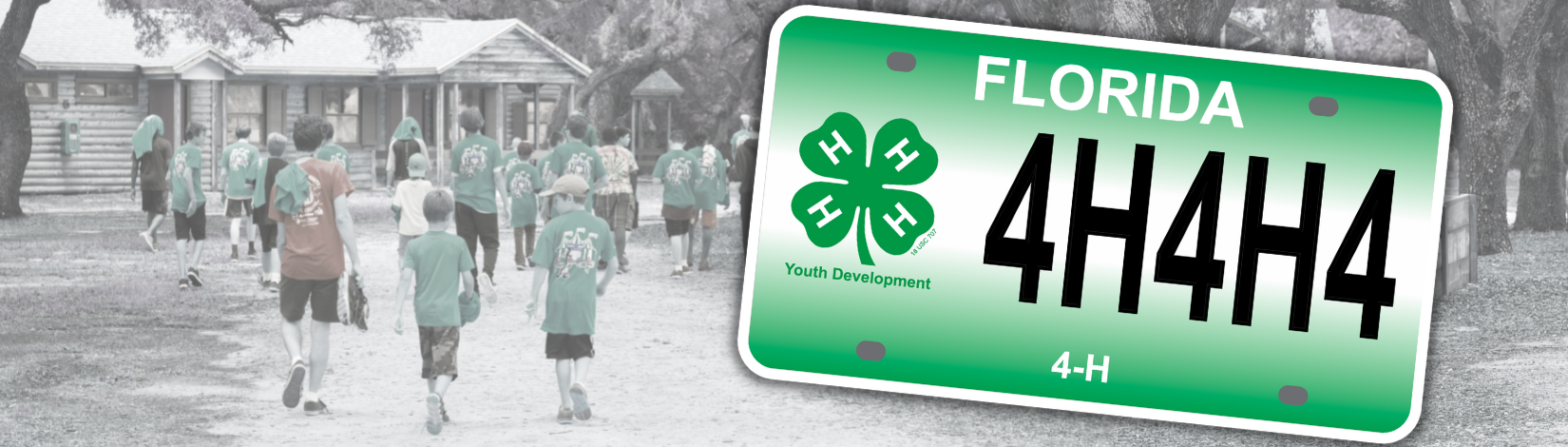 Graphic banner of youth at camp timpoochee with florida 4-H car tag. 