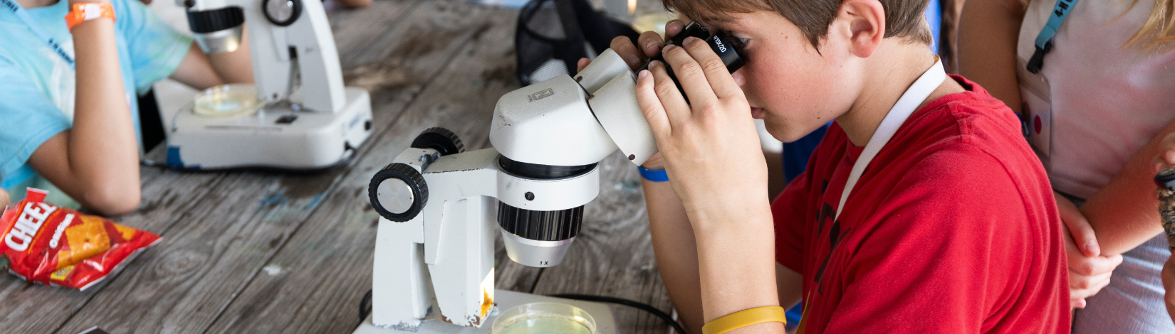 Banner image of youth looking through a microscope